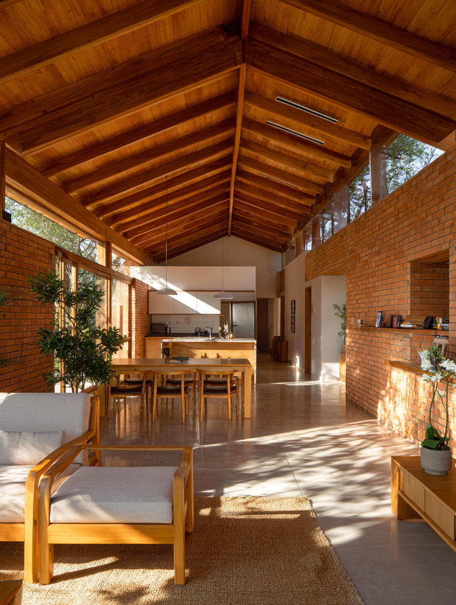 Sala integrada com estrutura em madeira